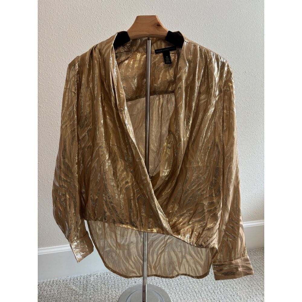 Black Label by Chico's Silk Blend Blouse Womens 0 Gold Metallic Zebra Wrap Top‎